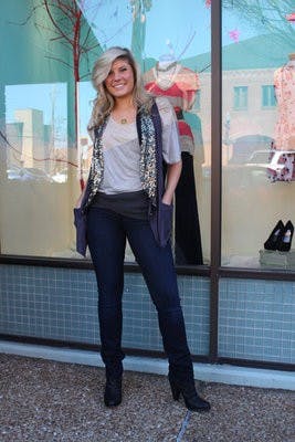 Ella Moss top, Free People vest, Citizens of Humanity straight leg jeans, Seychelles heels, Wakamol necklace--all from Behind the Glass. (Emily Adams / Photo Editor)