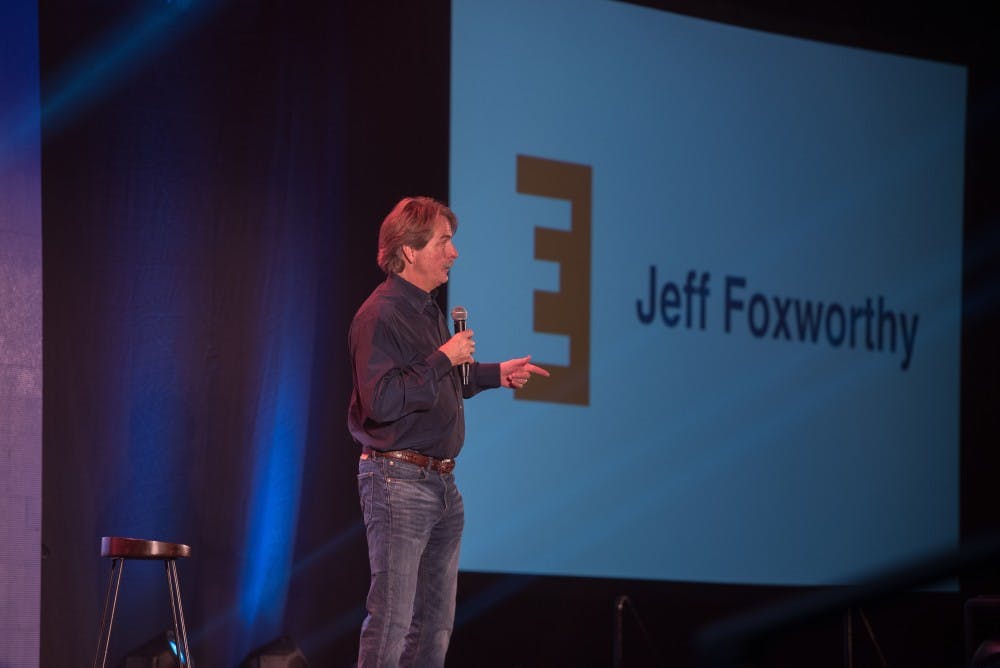 <p>Jeff Foxworthy speaks at the kick-off event for Emerge, the comprehensive leadership program that replaced Freshman Leadership Programs, in Auburn, Ala., on Sunday, Aug. 27, 2017.</p>