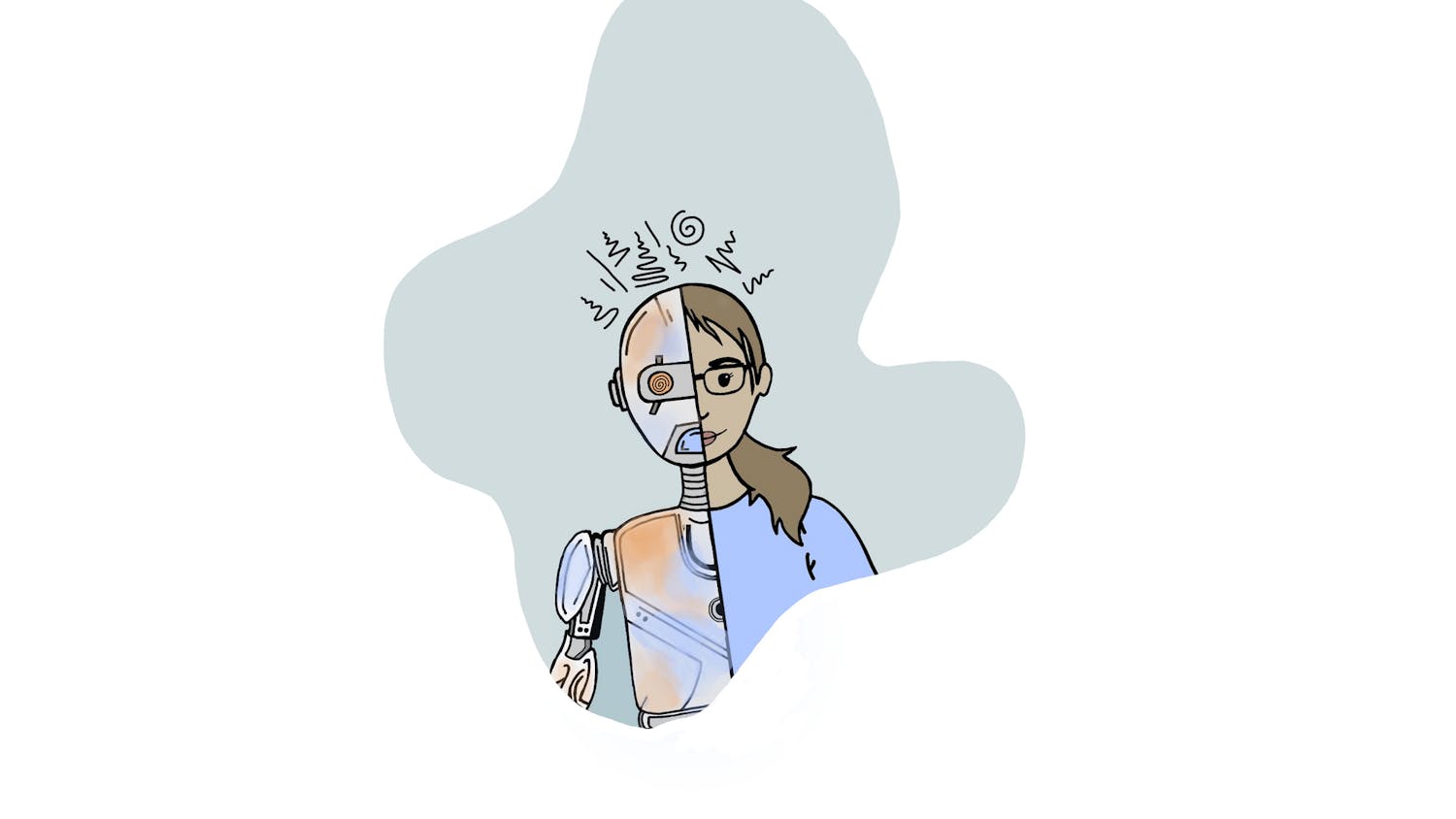 Half girl, half robot in a bubble.