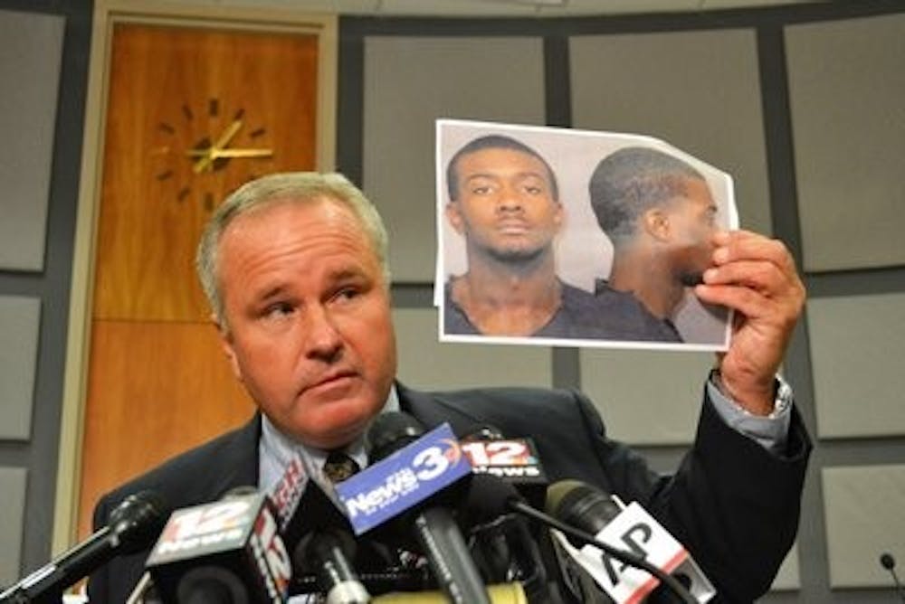 Auburn Police Chief Tommy Dawson announced on Tuesday night that alleged gunman Desmonte Leonard turned himself in to the Montgomery Federal Courthouse after nearly three days of searching. Leonard is suspected of killing two former Auburn football players and one Auburn resident late Saturday night. (Danielle Lowe / PHOTO EDITOR)