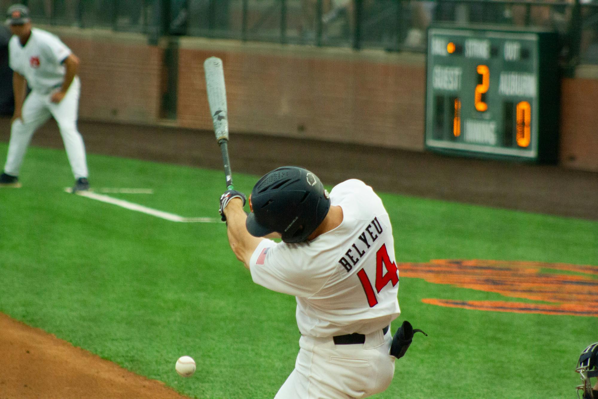 Cade Belyeu (number 14) batting for Auburn Baseball against Ole Miss on May 3, 2024