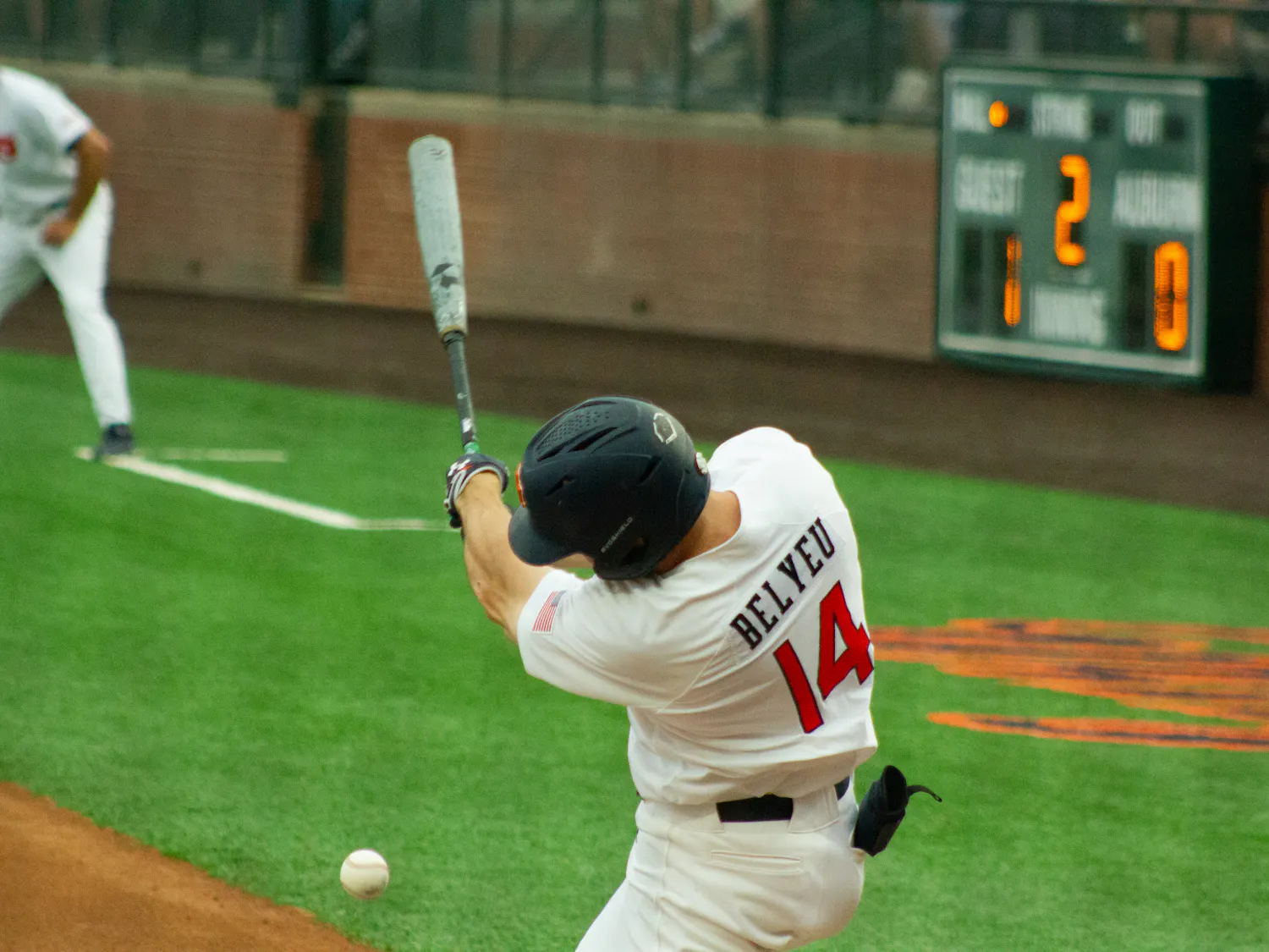 Cade Belyeu (number 14) batting for Auburn Baseball against Ole Miss on May 3, 2024