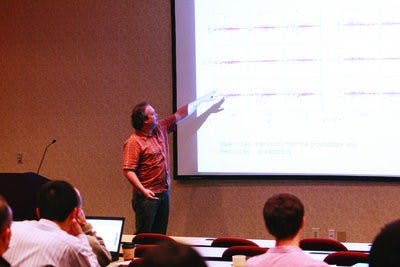 Auburn physics professor Connor Ballance speaks on nuclear fusion at the Atomic Data Analysis Structure workshop Oct.7 at the Dixon Conference Center. (Rebecca Croomes / ASSISTANT PHOTO EDITOR)