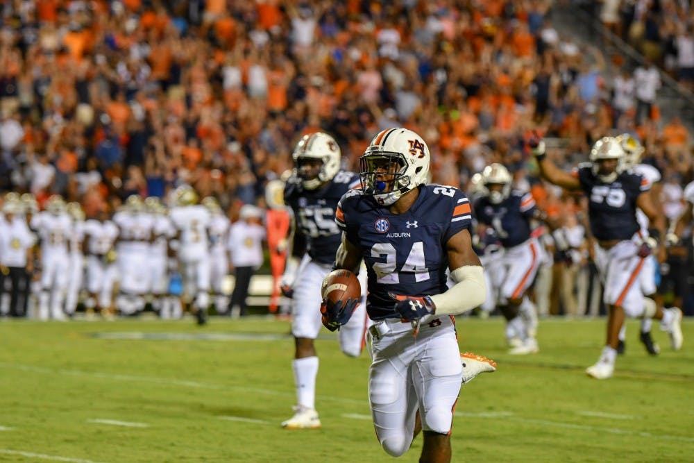 Daniel Thomas (24) runs down the field with the ball after intercepting it during Auburn football vs Alabama State on Saturday, Sept. 8, 2018, ​in Auburn, Ala.