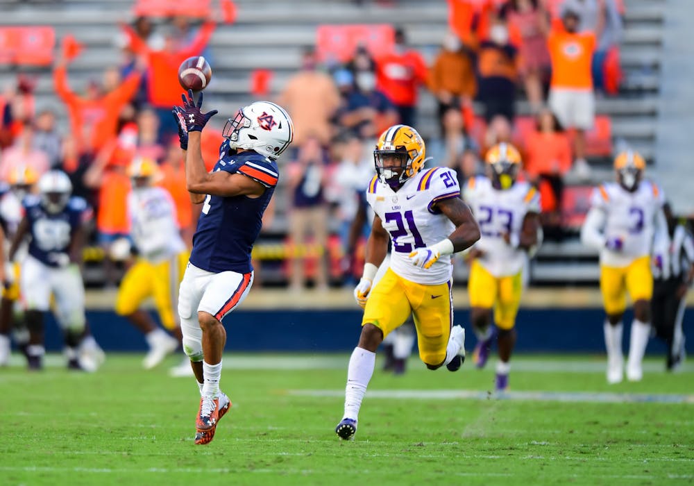 Oct 3, 2020; Auburn AL, USA; Anthony Schwartz (1) gets a catch for a touchdown during the game between Auburn and LSU at Jordan Hare Stadium. Mandatory Credit: Shanna Lockwood/AU Athletics