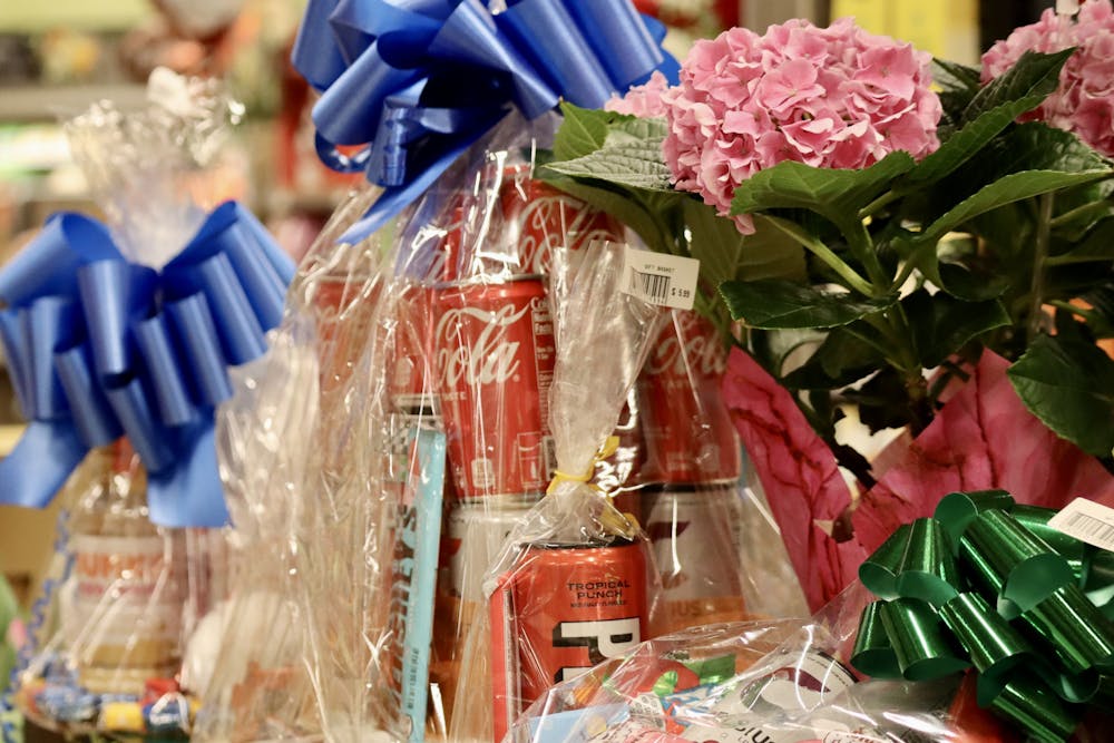 Valentine’s gift baskets are displayed at a local grocery store on Feb. 12, 2023.