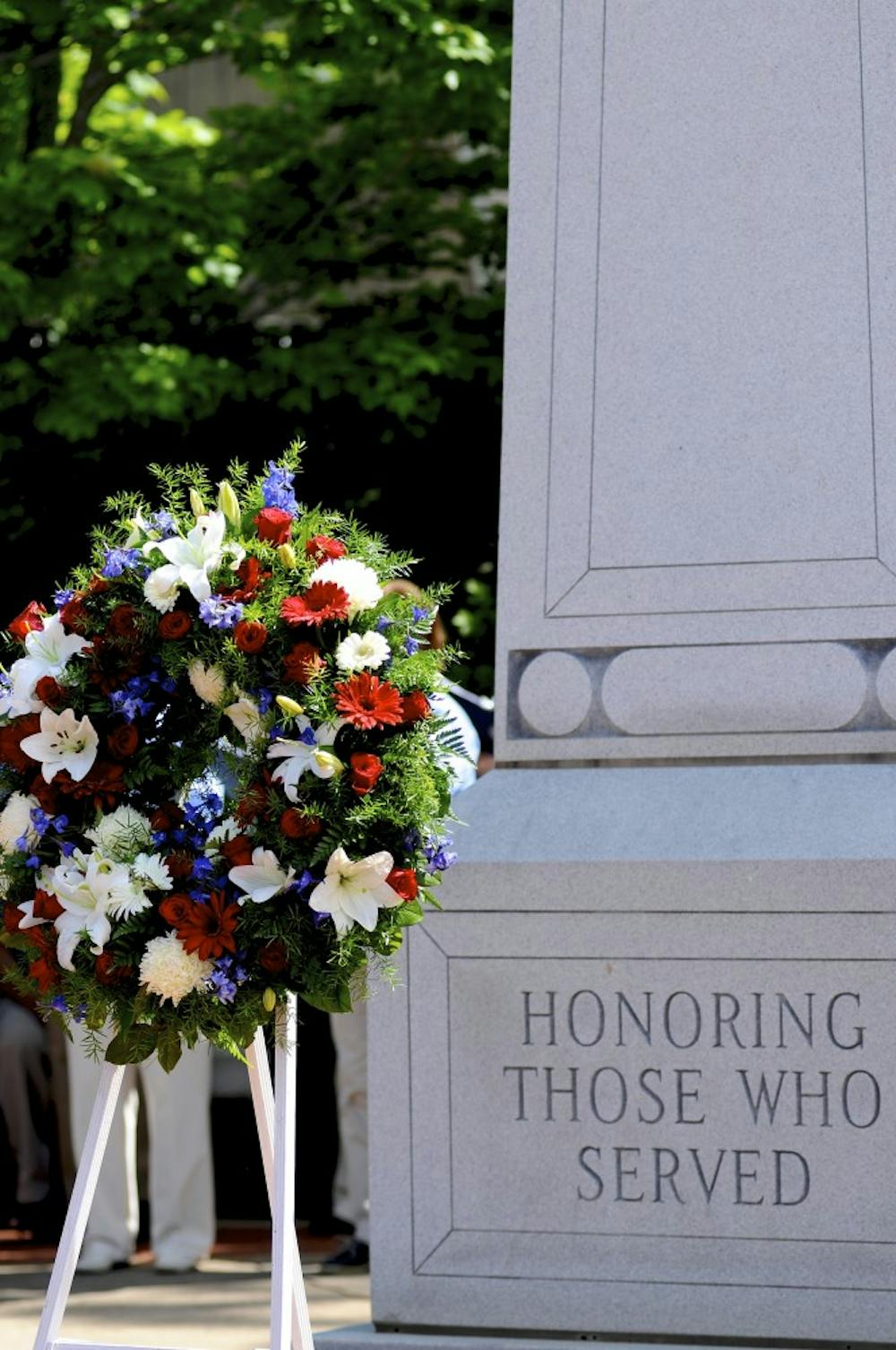 <p>A ceremonial wreath at Auburn Veterans Memorial&nbsp;during a Memorial Day Service on Monday, May 29, 2017 in Auburn, Ala.</p>