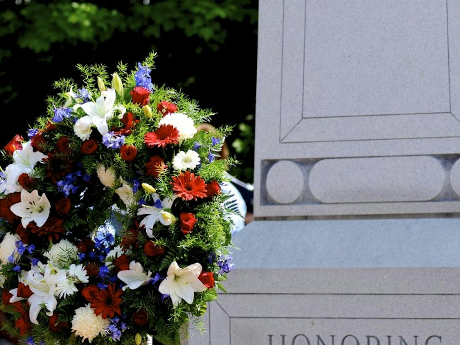A ceremonial wreath at Auburn Veterans Memorial during a Memorial Day Service on Monday, May 29, 2017 in Auburn, Ala.