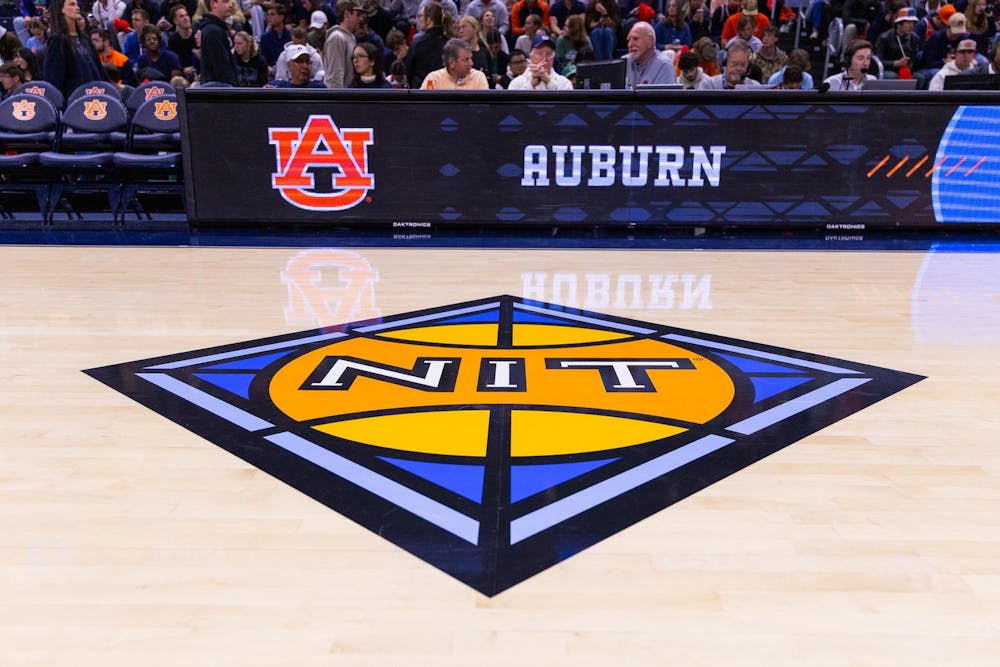 The NIT logo on the court at Neville Arena on March 17, 2026.