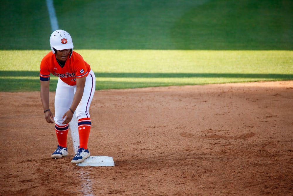 May 1, 2021; Auburn, AL, USA; Denver Bryant (7) on third base during the game between Auburn and Tennessee at Jane B. Moore Field. Mandatory Credit: Matthew Shannon/AU Athletics