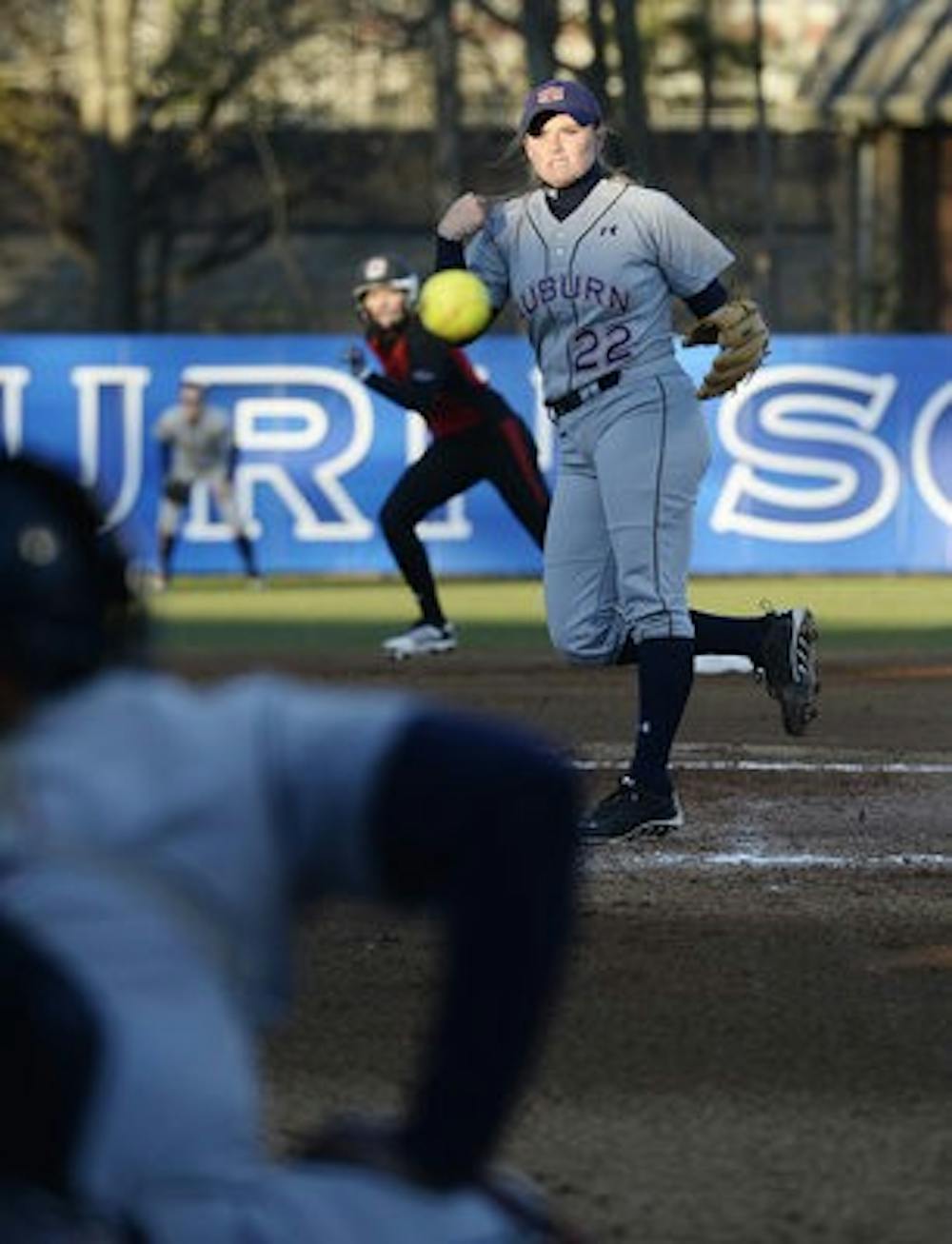 Marcy Harper pitches against Nebraska-Omaha in the Tiger Invitational. (Contributed by Auburn Athletics)