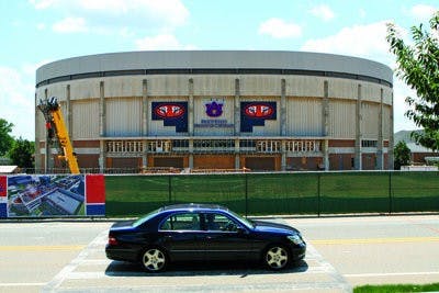 Fences and machinery block the view of the Beard-Eaves Coliseum facing the Auburn Arena. Work continues on the new Student Recreation complex, scheduled to open in 2013. (Rebecca Croomes /Assistant Photo Editor)