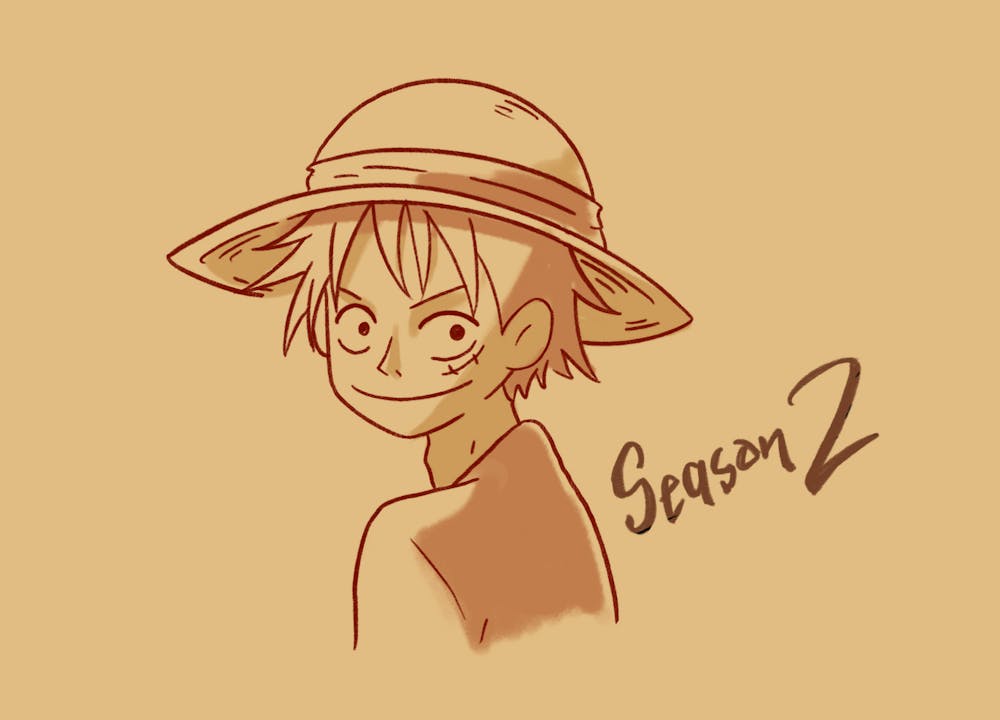 <p>A young character with spiky hair and a large straw hat smiles while looking back, accompanied by the text "Season 2."</p>