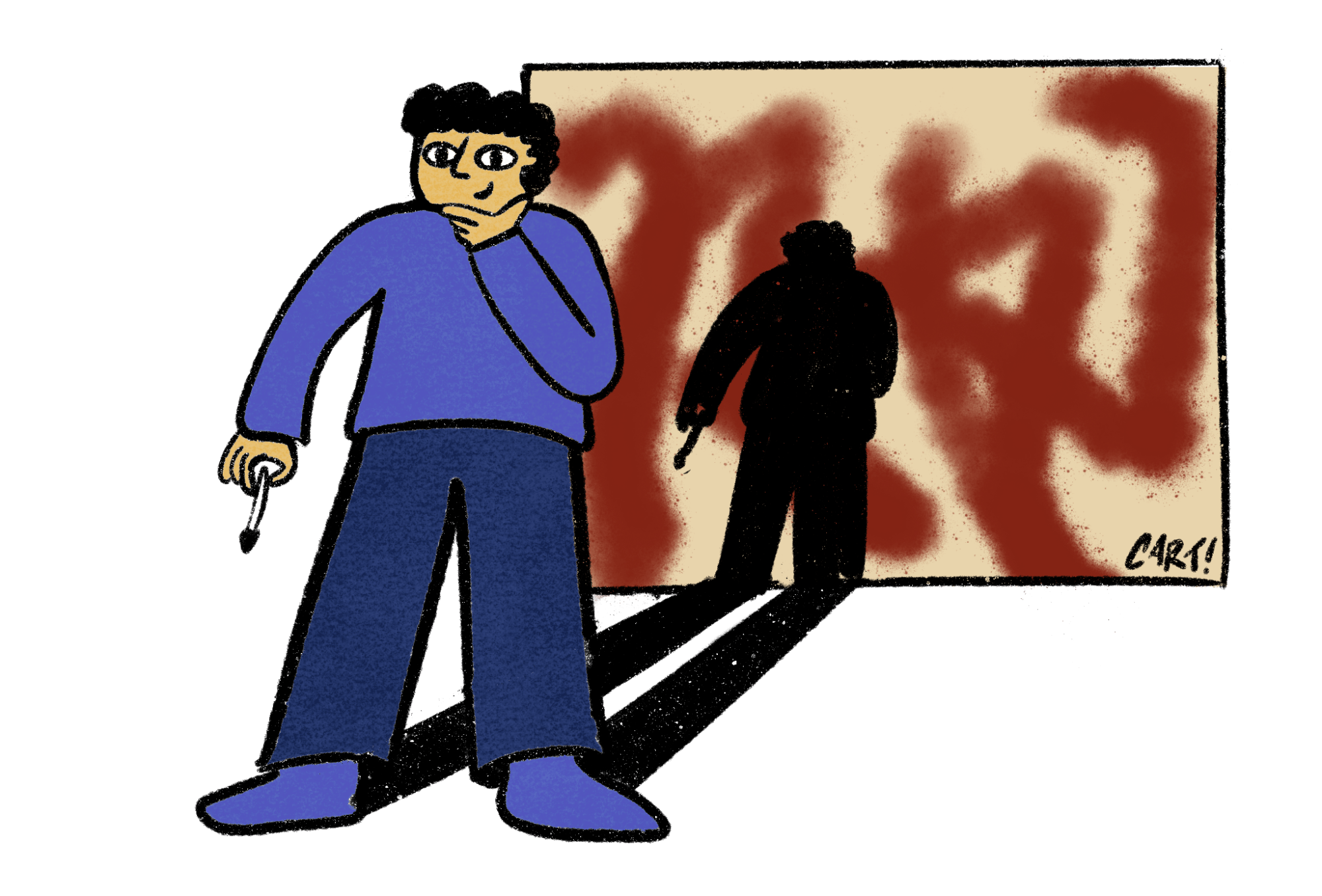 Artist casts a shadow on his own painting. 