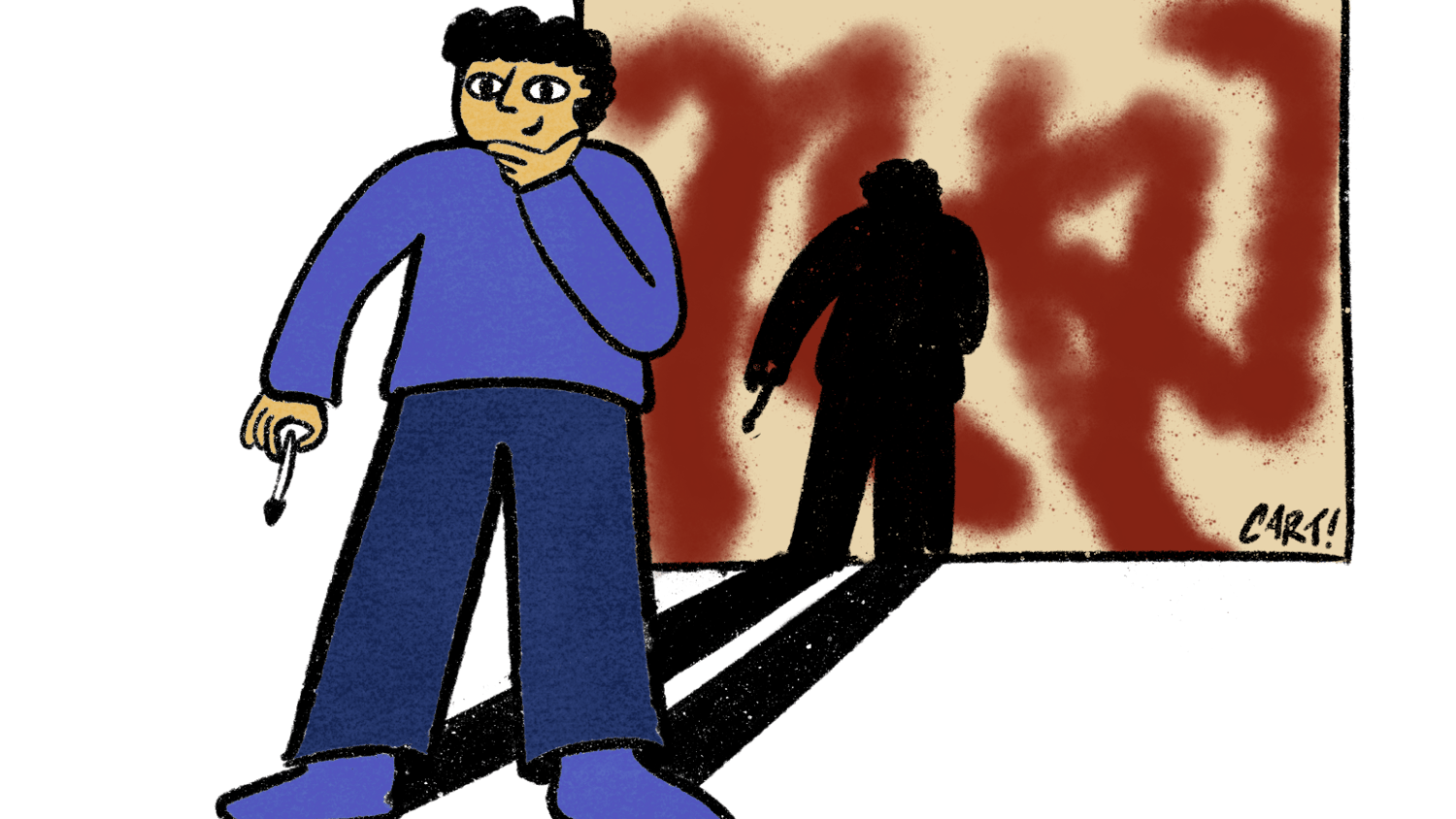 Artist casts a shadow on his own painting.