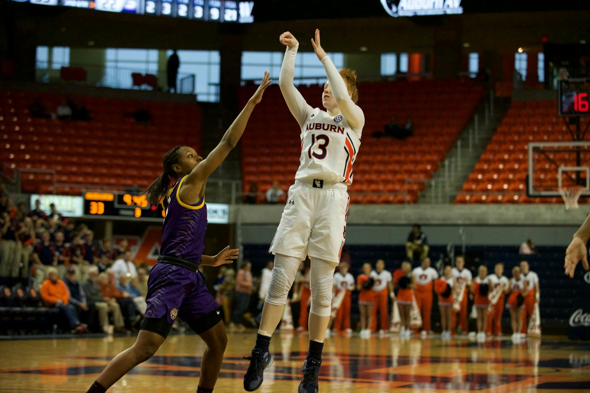 Lauren Hansen (13) takes a shot in Auburn Women's Basketball's win vs. LSU on Feb. 16, 2020 in Auburn, AL