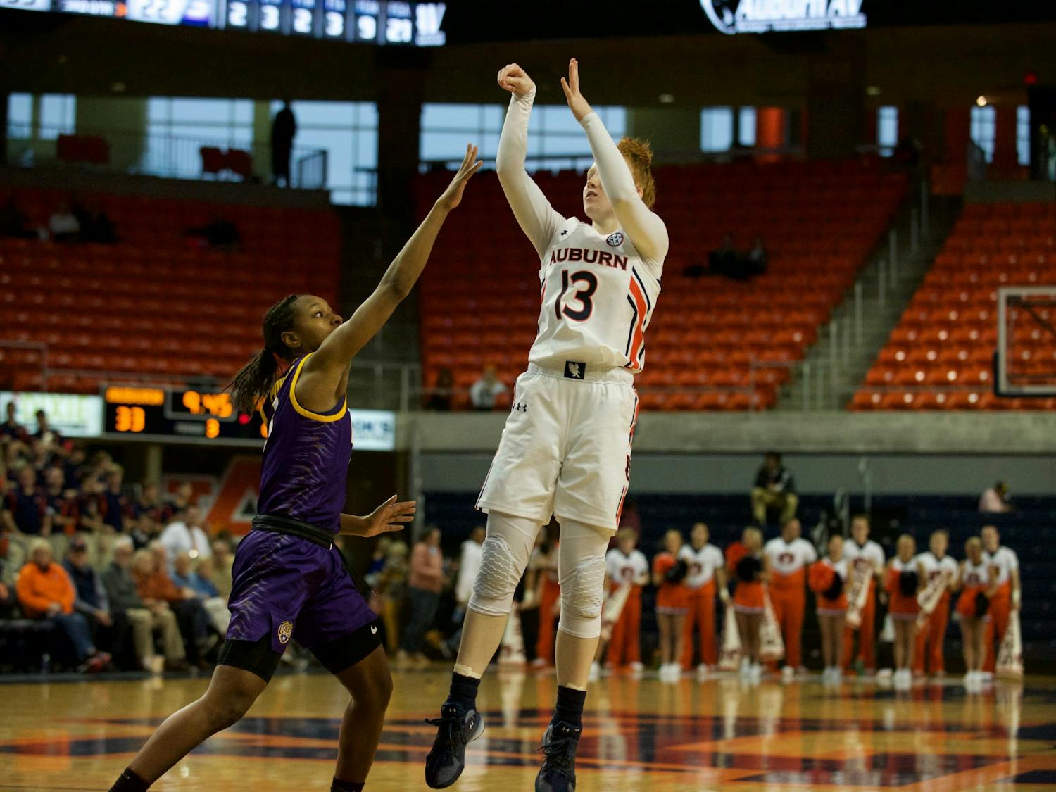 Lauren Hansen (13) takes a shot in Auburn Women's Basketball's win vs. LSU on Feb. 16, 2020 in Auburn, AL