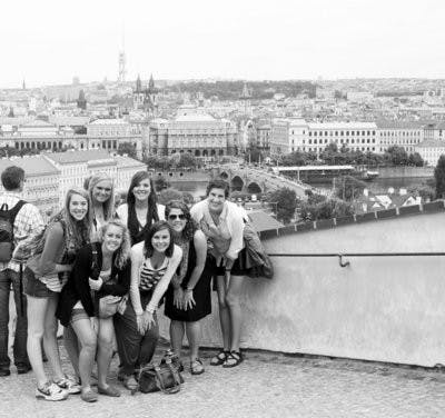 Members of the European Study Abroad Experience pose in front of the downtown landscape of Prague, one of the many cities they had the opportunity to explore. (Contributed by Caroline Davidson)