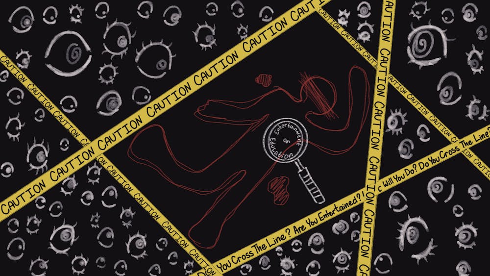 <p>A black background features abstract eyeball designs, with a red outline of a person and yellow caution tape reading various phrases.</p>