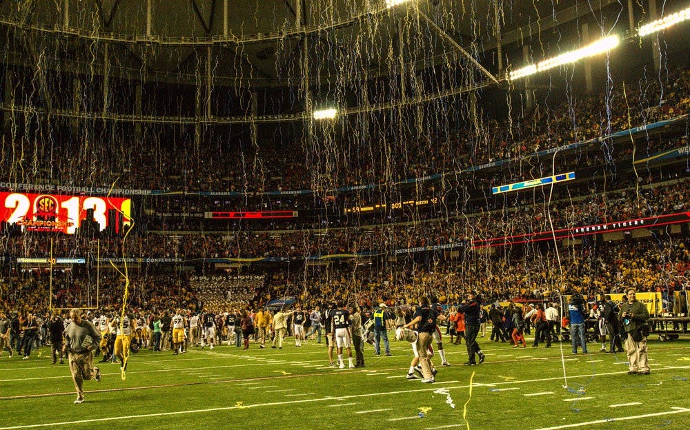 Streamers erupt from the ceiling of the Georgia Dome as the Auburn Tigers are declared SEC Champions.
Raye May / Photo & Design Assistant
