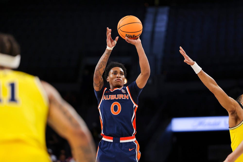LAS VEGAS, NV - NOVEMBER 25 - Auburn's Tahaad Pettiford (0) during the game between the #21 Auburn Tigers and the #7 Michigan Wolverines at Michelob ULTRA Arena in Las Vegas, NV on Tuesday, Nov. 25, 2025.

Photo by Zach Bland/Auburn Tigers