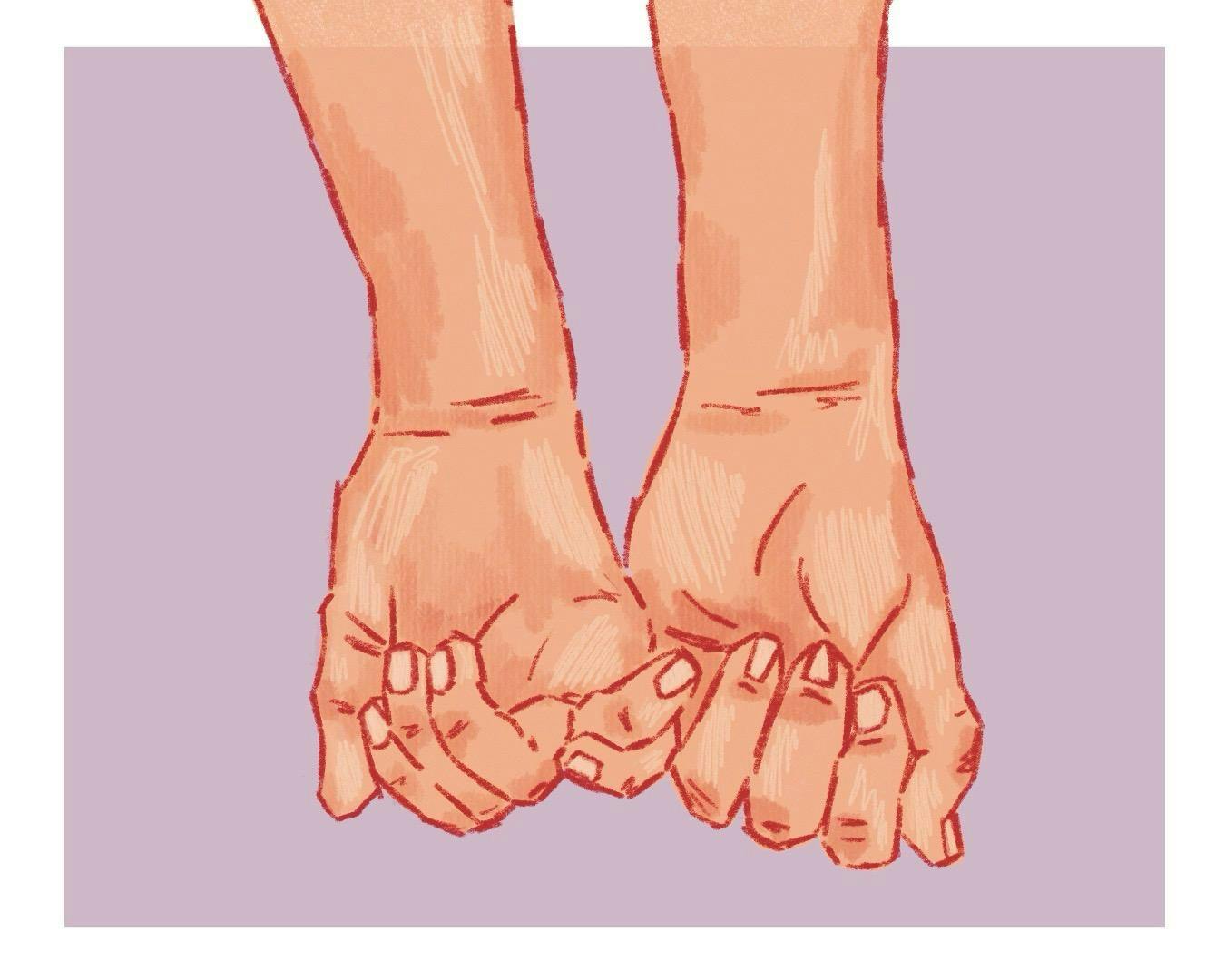Two hands are clasped together firmly, with fingers intertwined, set against a soft purple background.