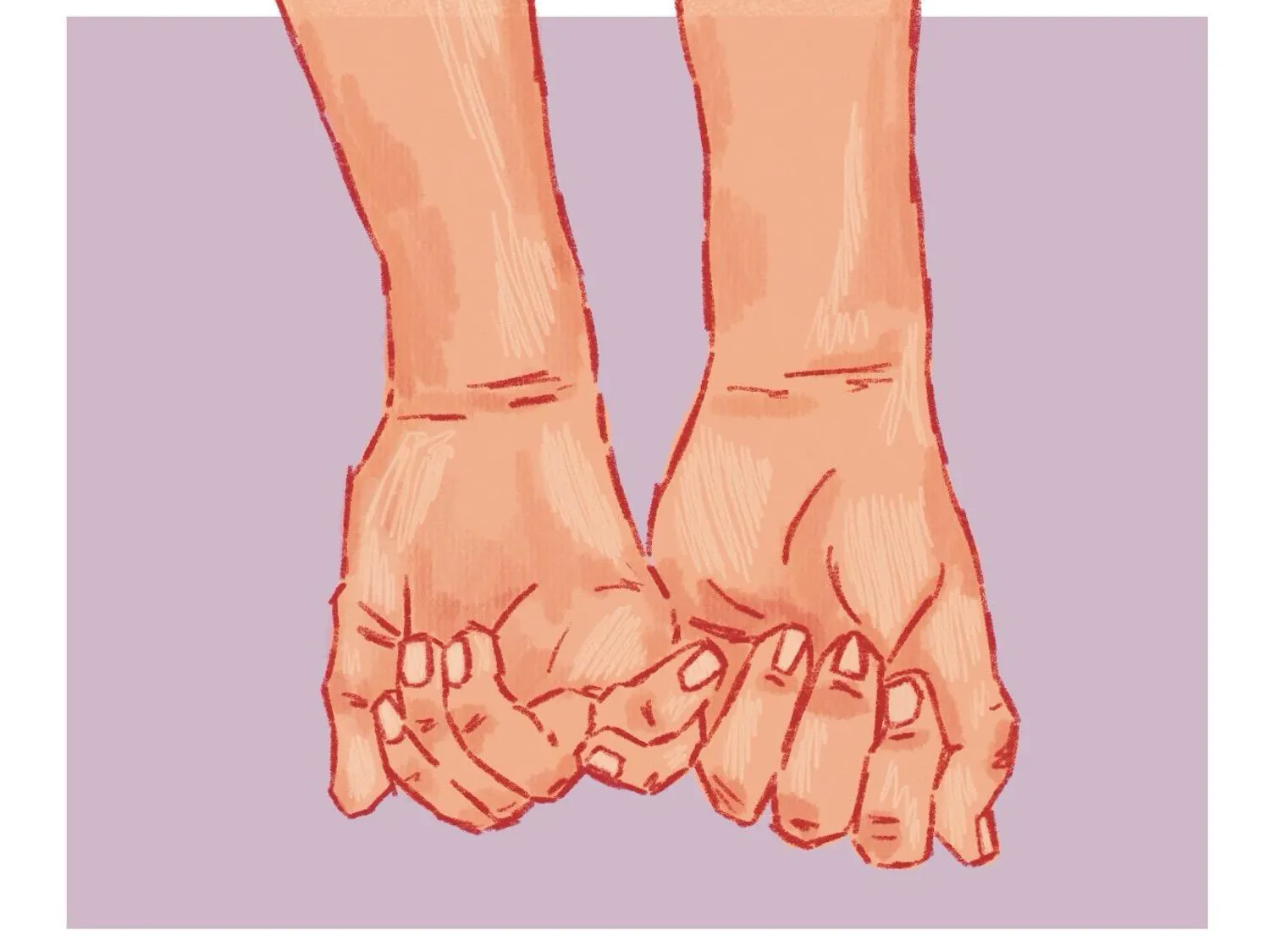 Two hands are clasped together firmly, with fingers intertwined, set against a soft purple background.