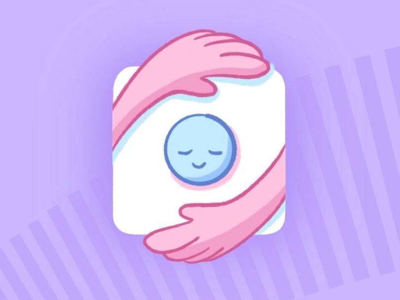 A light purple background features a small blue emote with a content expression, surrounded by two pink hands.