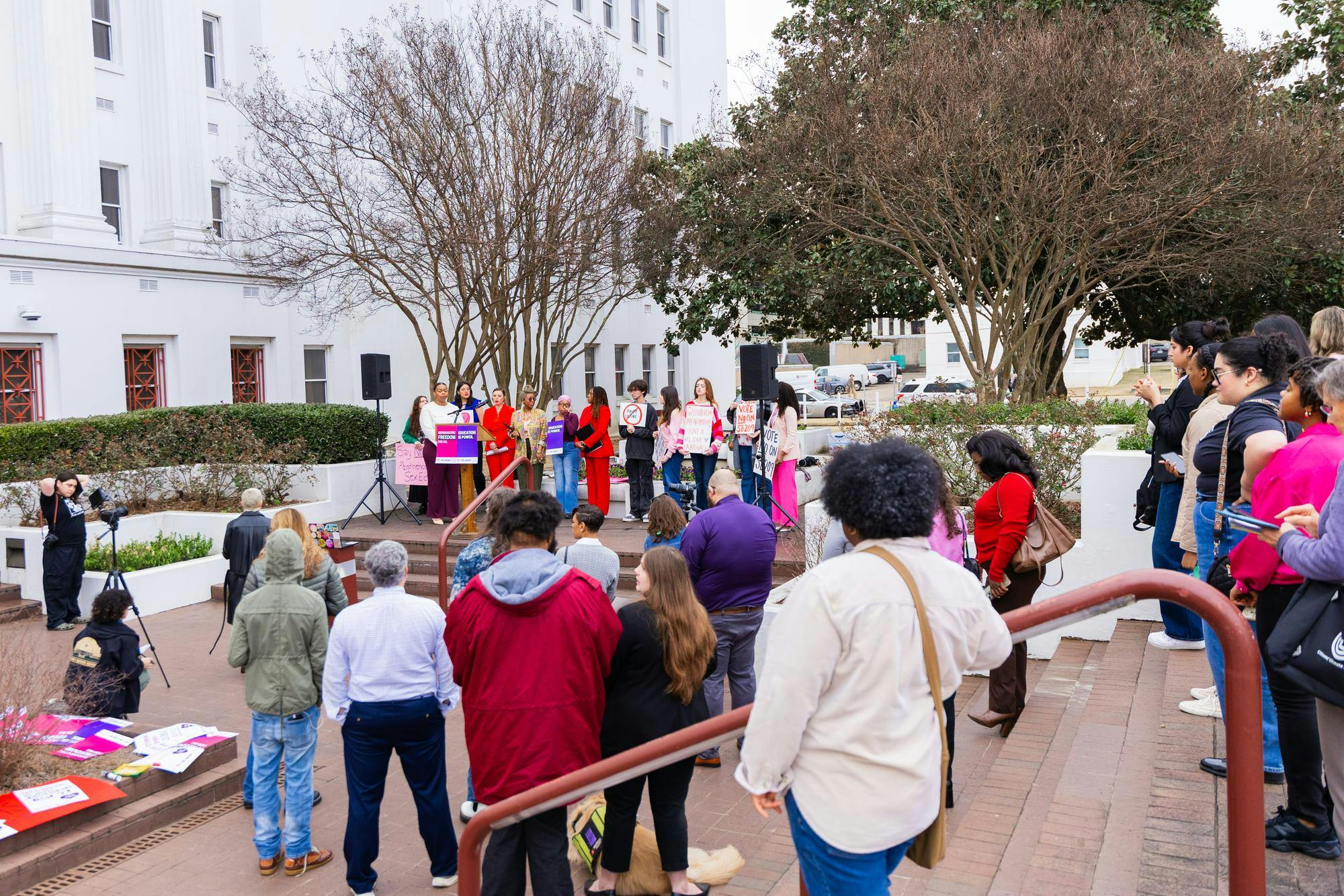 Reproductive advocacy organizations and dozens of people gather for the Our Bodies, Our Futures Advocacy Day at the Alabama State House on Feb. 10, 2026.