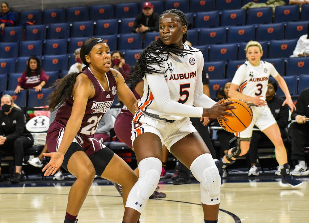 February 3, 2022; Auburn, Alabama; Aicha Coulibaly (5) slows down the offense in a match between Auburn and Mississippi State in the Auburn Arena.