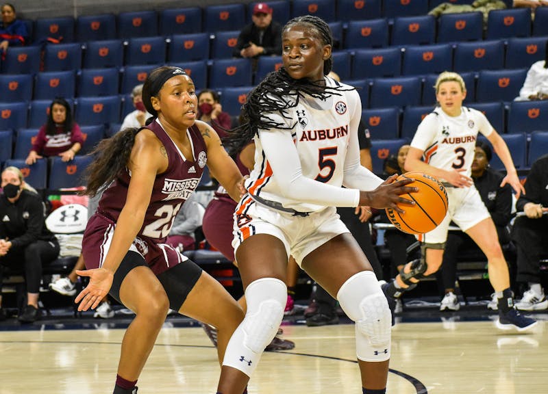 February 3, 2022; Auburn, Alabama; Aicha Coulibaly (5) slows down the offense in a match between Auburn and Mississippi State in the Auburn Arena.
