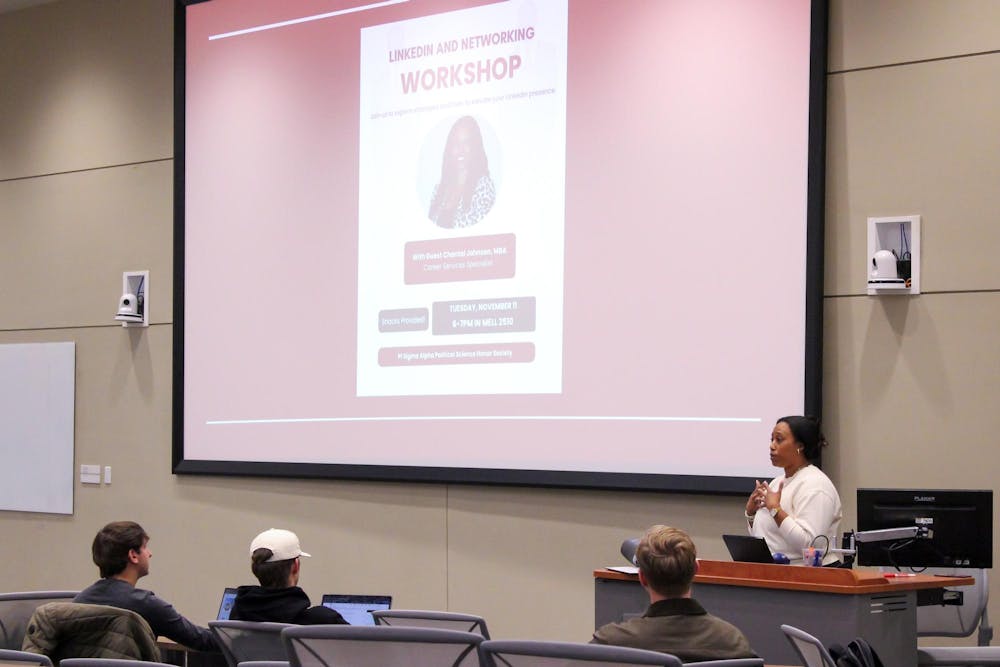 <p>Career Services Specialist Chantal Johnson speaks to members of Pi Sigma Alpha at a networking event in the Mell Classroom Building on Nov. 11, 2025.</p>
