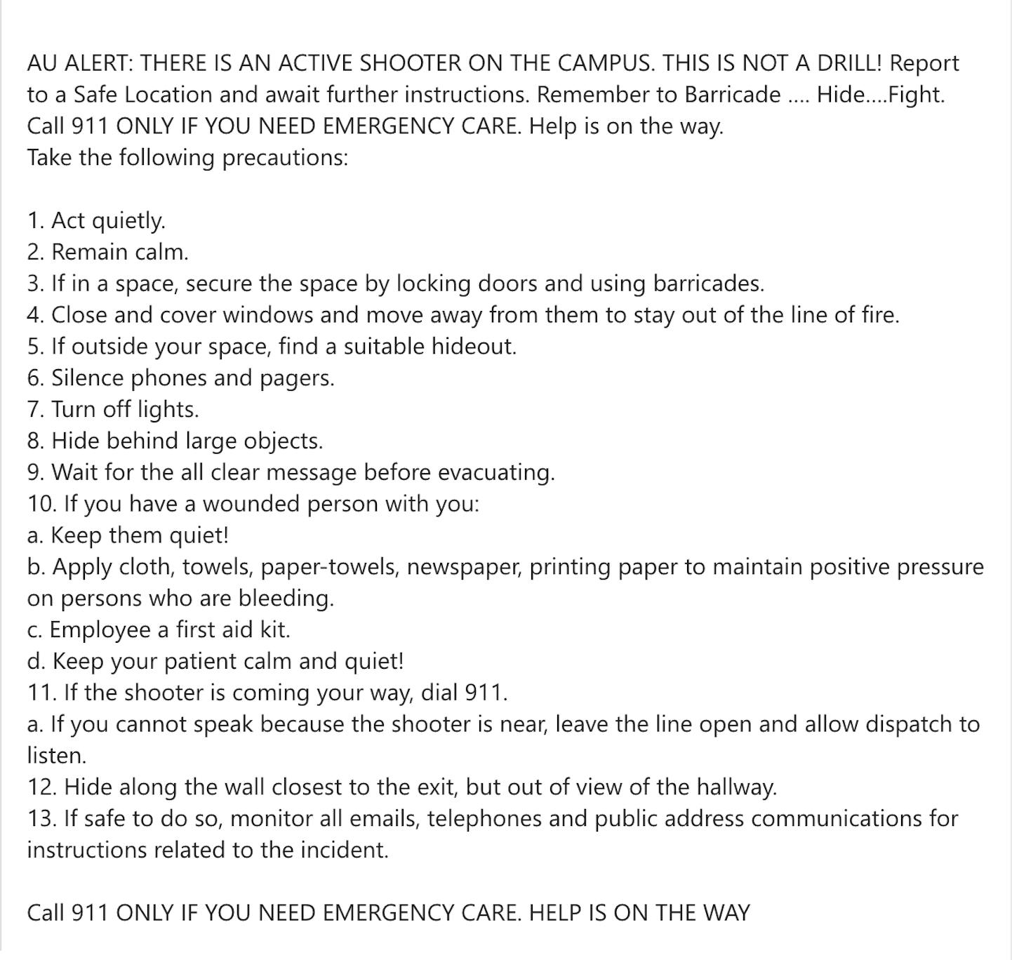 Active shooter AU Alert sent out Nov. 6, 2025