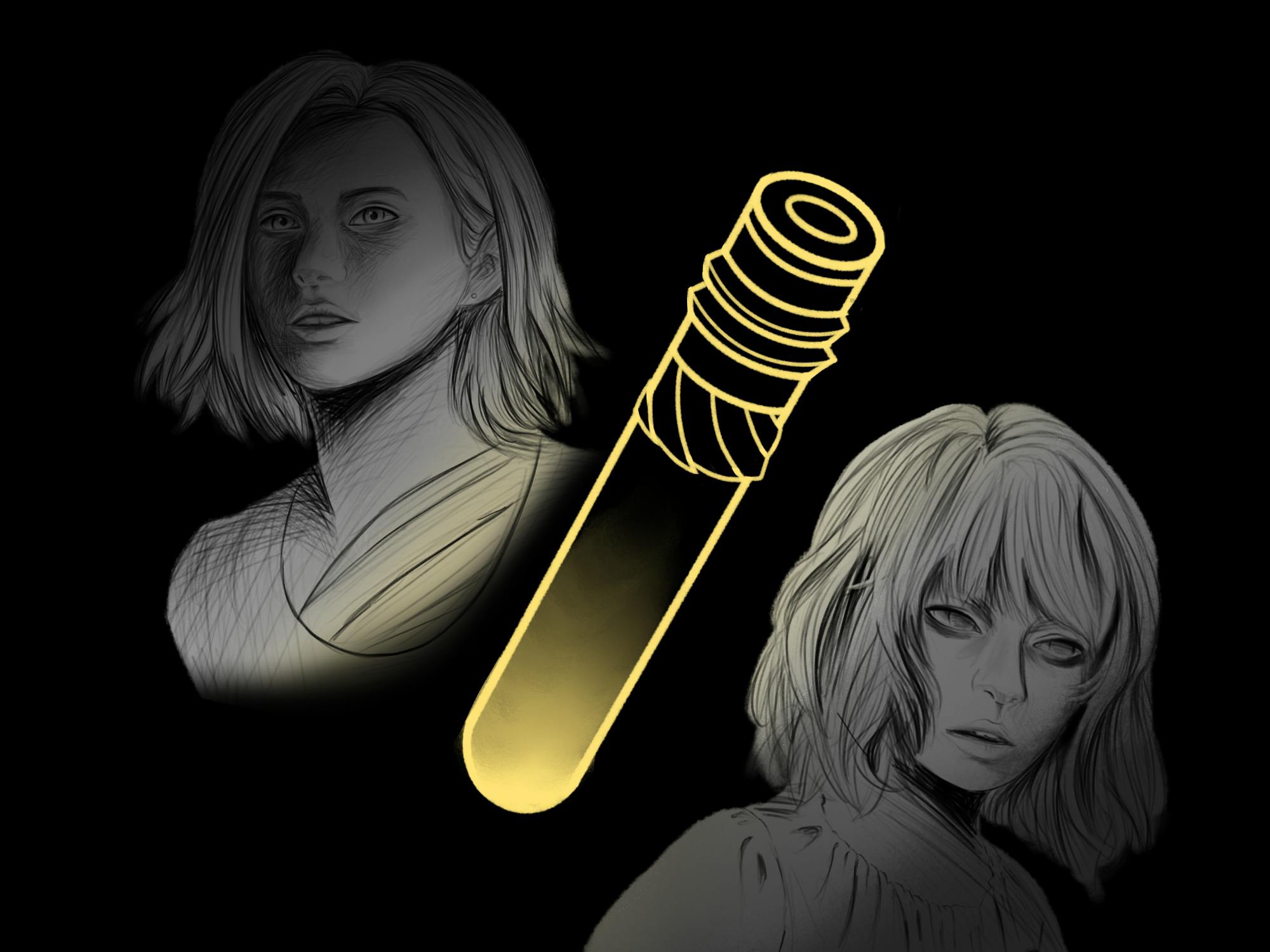 Two stylized portraits of women are positioned beside a large, glowing test tube against a black background.