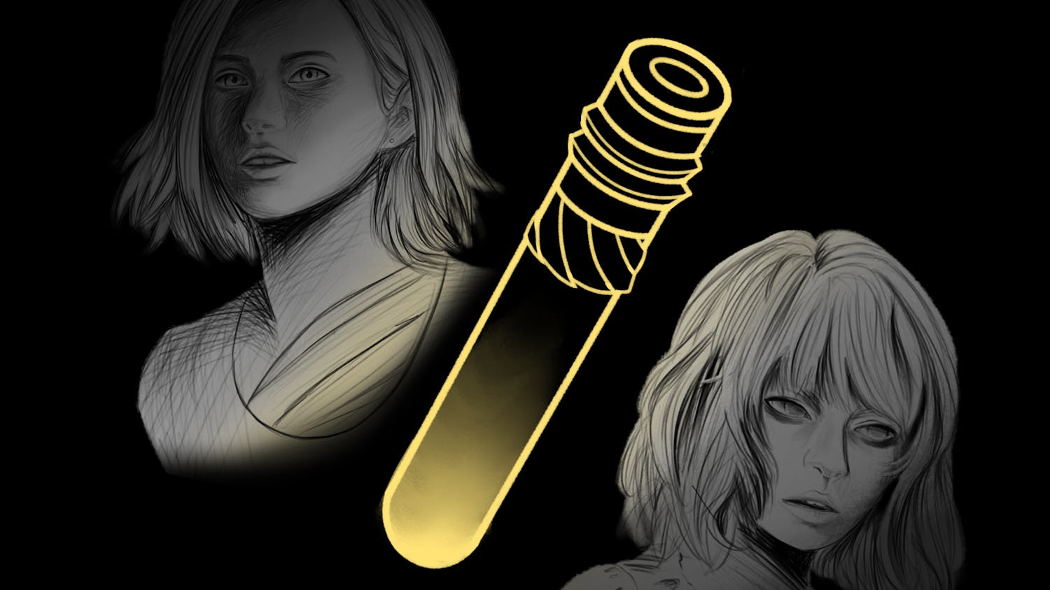 Two stylized portraits of women are positioned beside a large, glowing test tube against a black background.
