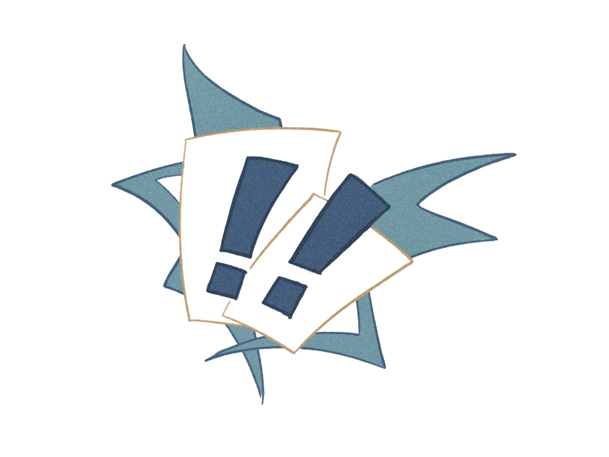 Two bold exclamation marks are layered on white cards, surrounded by abstract, pointed shapes in shades of blue.
