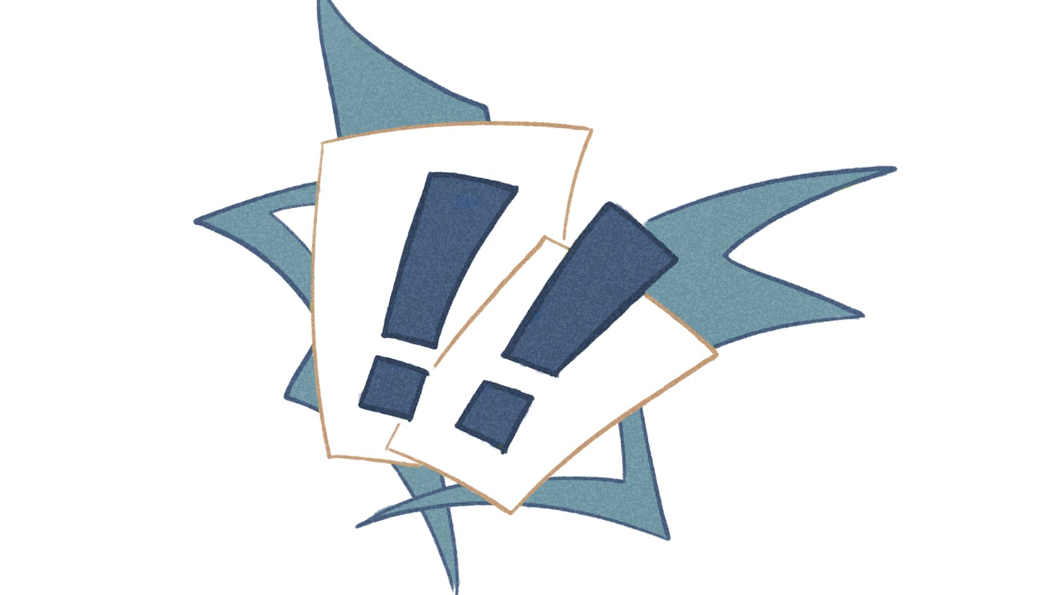 Two bold exclamation marks are layered on white cards, surrounded by abstract, pointed shapes in shades of blue.