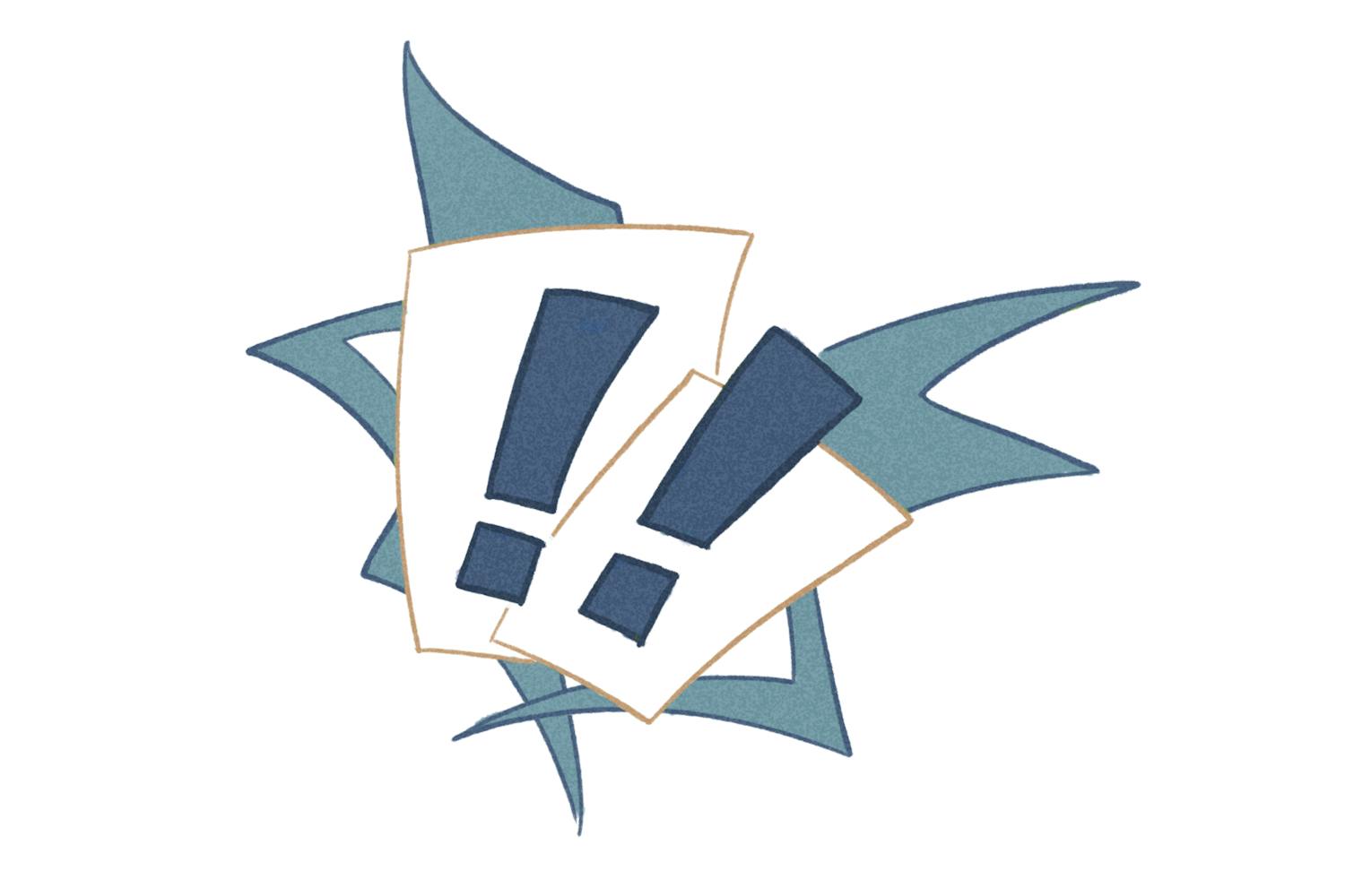 Two bold exclamation marks are layered on white cards, surrounded by abstract, pointed shapes in shades of blue.