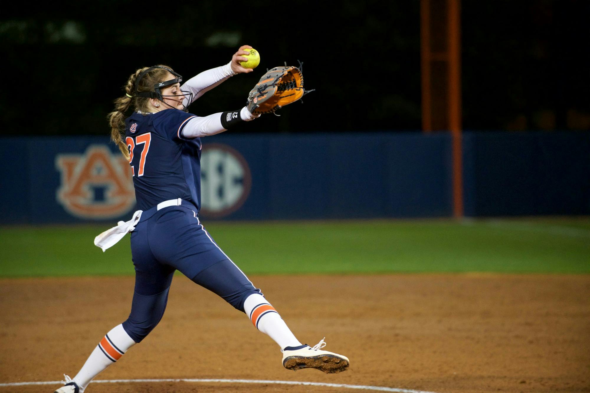 Lexie Handley pitches in Auburn Softball's win vs. Alabama State on February 14