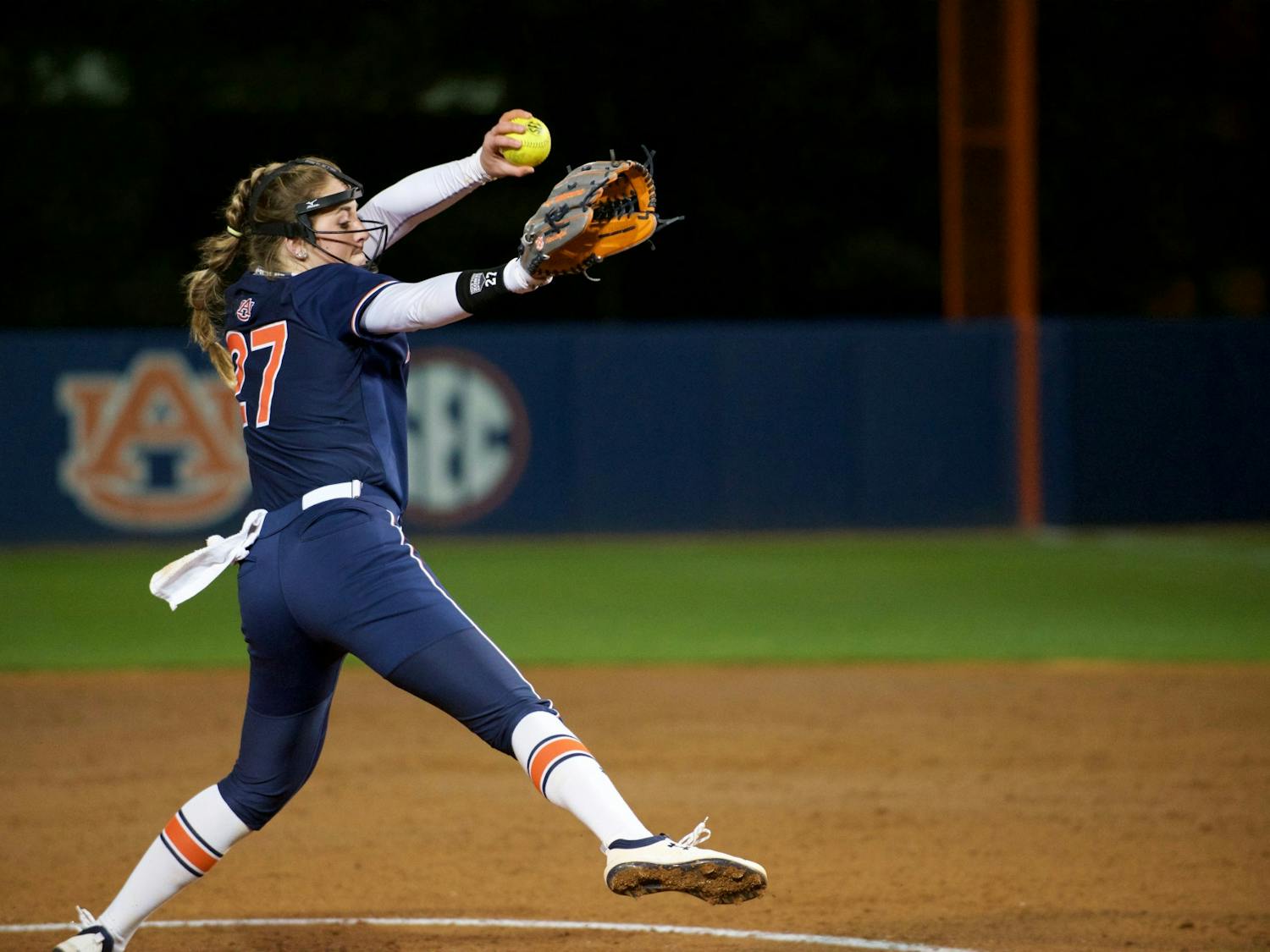 Lexie Handley pitches in Auburn Softball's win vs. Alabama State on February 14