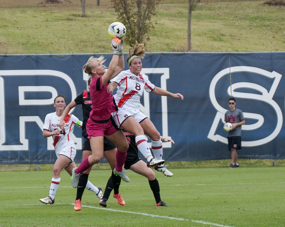 Georgia goalkeeper Louise Hogrell&nbsp;catches the ball during Auburn's match against Georgia at the Auburn Soccer Complex on Sunday, Oct. 25.