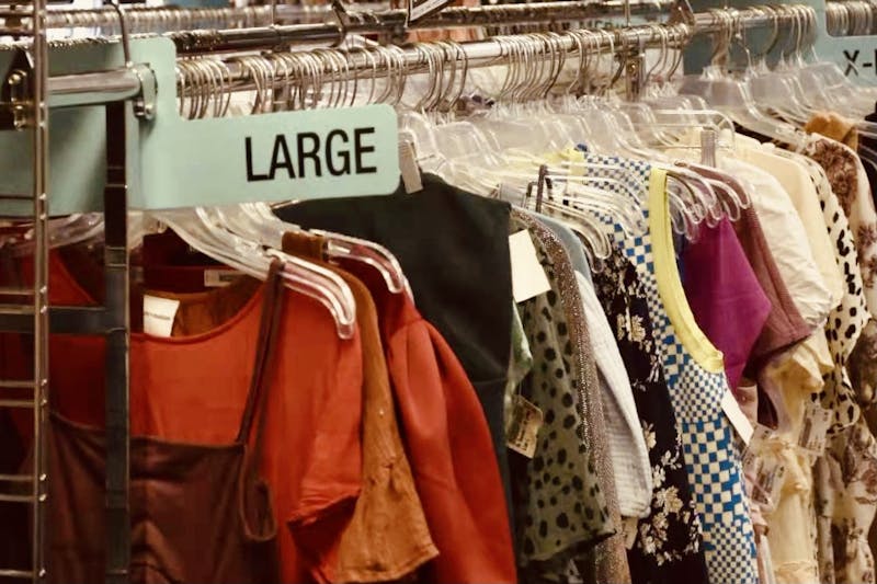 Pre-loved clothing lines the racks at an Auburn thrift store.&nbsp;