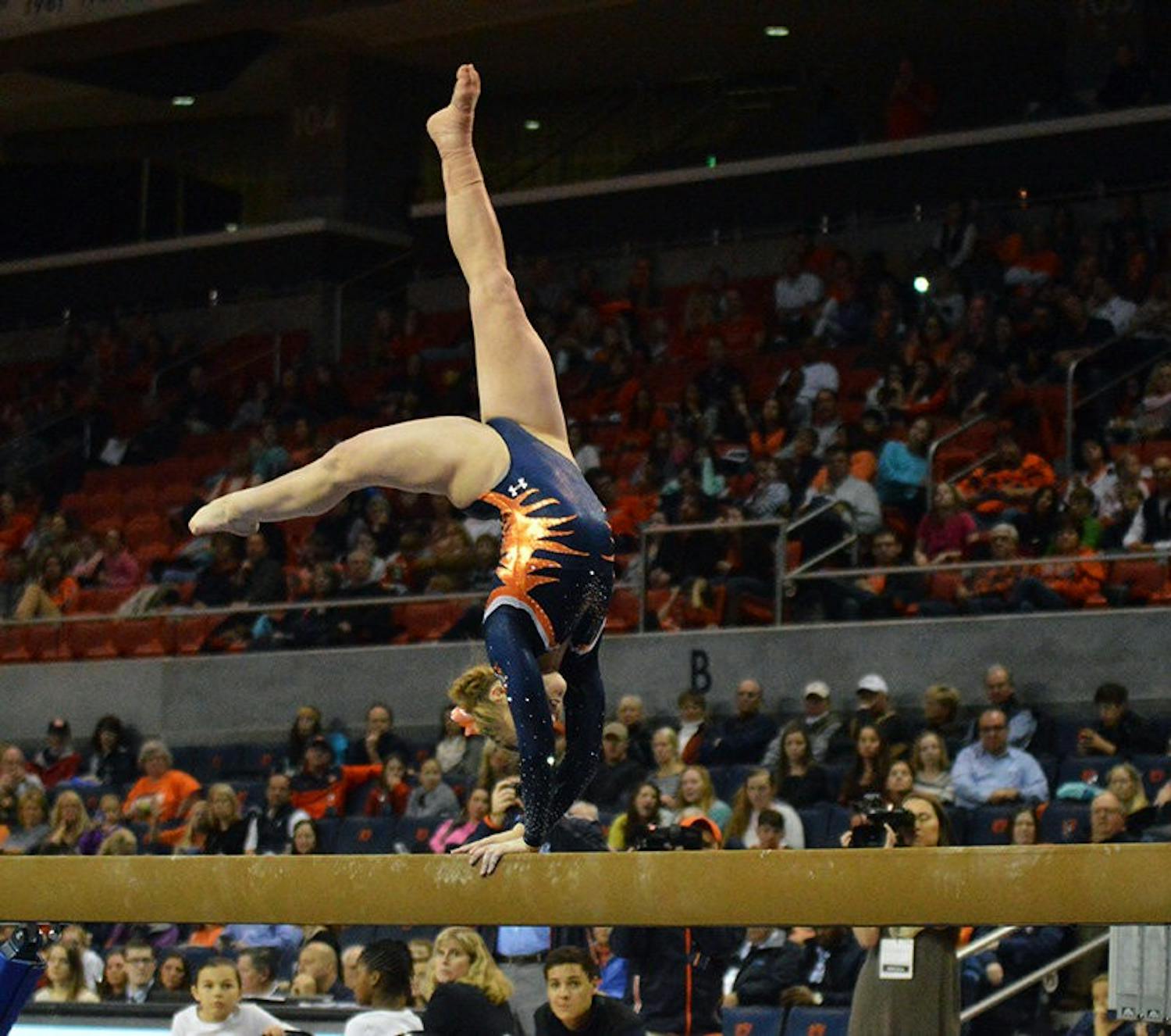Megan Walker during her beam routine. Auburn Gymnastics vs Arkansas in Auburn, AL on Jan 23, 2015. Emily Enfinger | PHOTO EDITOR