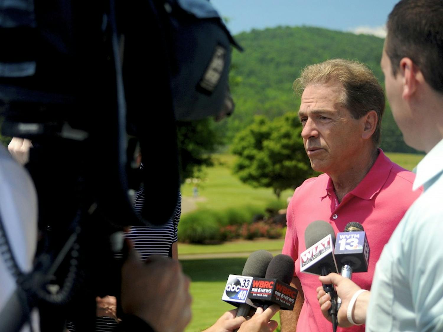 Nick Saban, head football coach at the University of Alabama, is interviewed at Lutzie 43 Invitational Golf Tournament in Sylacauga, Ala. on Tuesday, May 24, 2016.