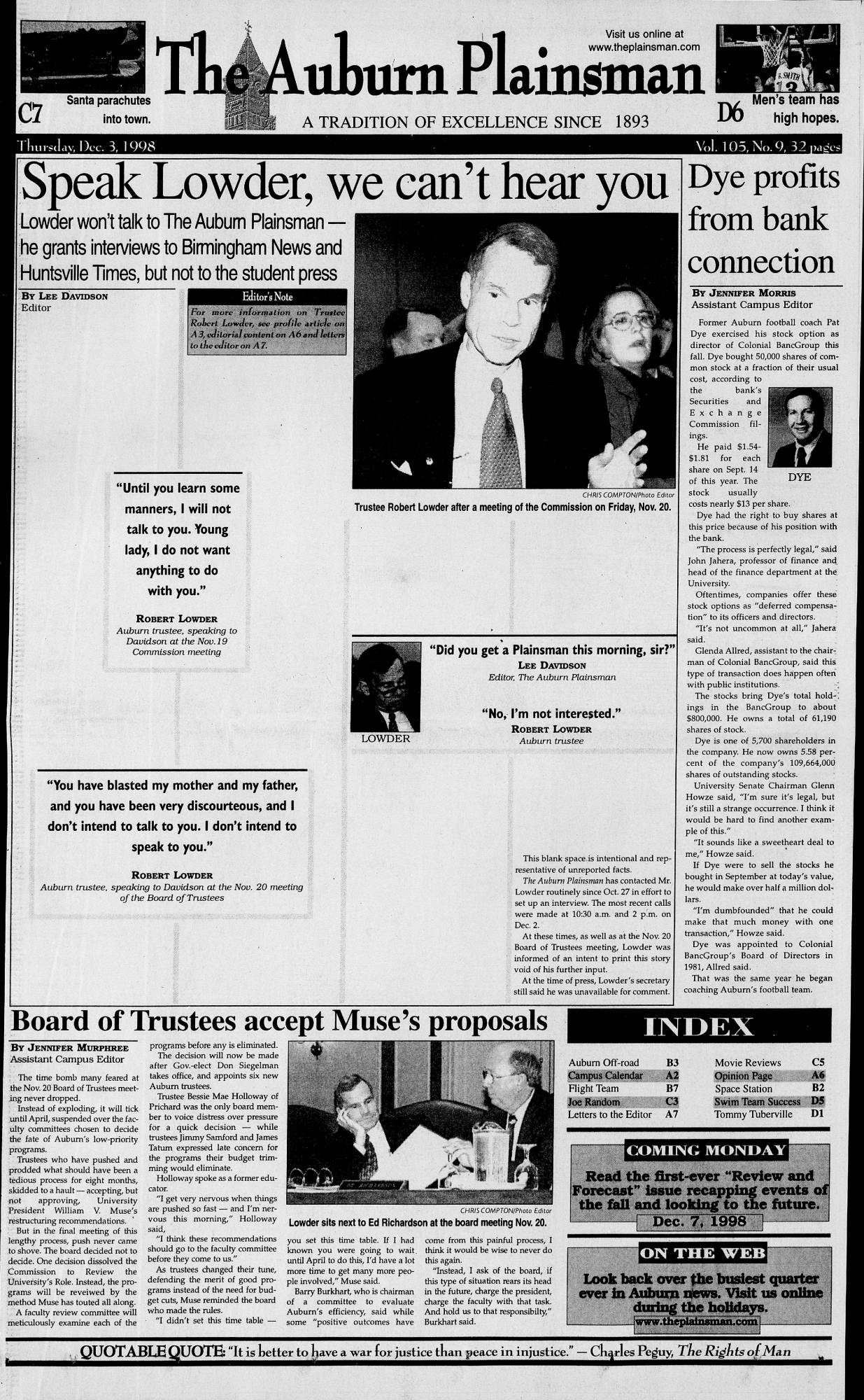 Front page of The Plainsman on Dec. 3, 1998. 