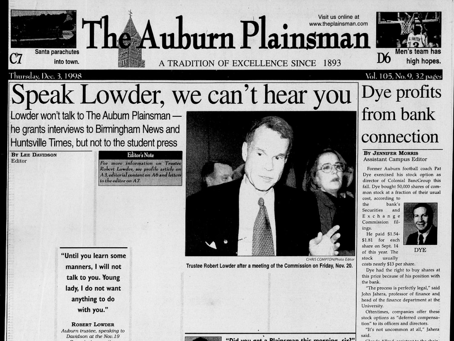 Front page of The Plainsman on Dec. 3, 1998. 
