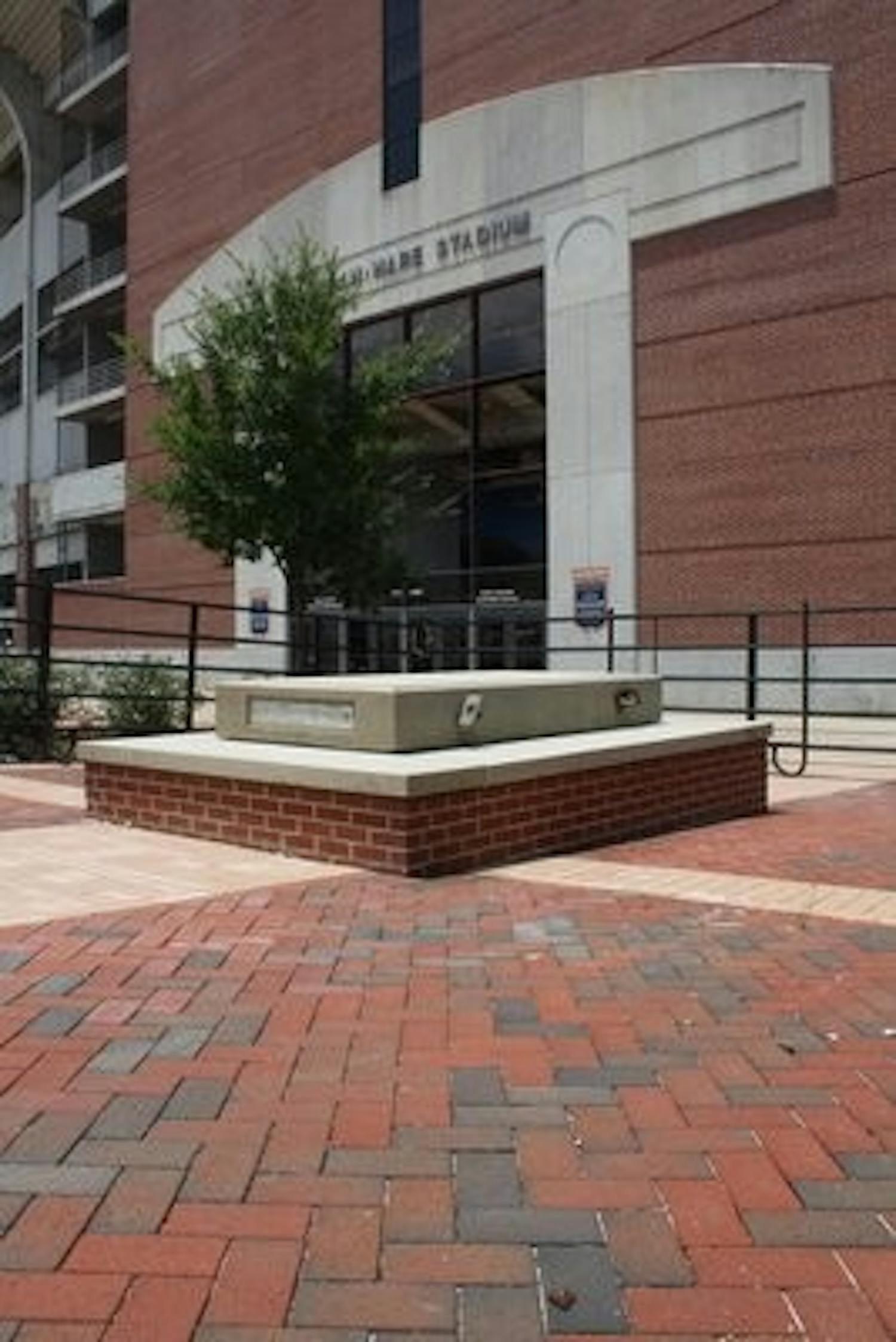 Empty pedastals facing the Student Center appear to be a possible place to put the statues, but the placement of the statues has not been announced yet. (Nicole Singleton / Sports Editor)
