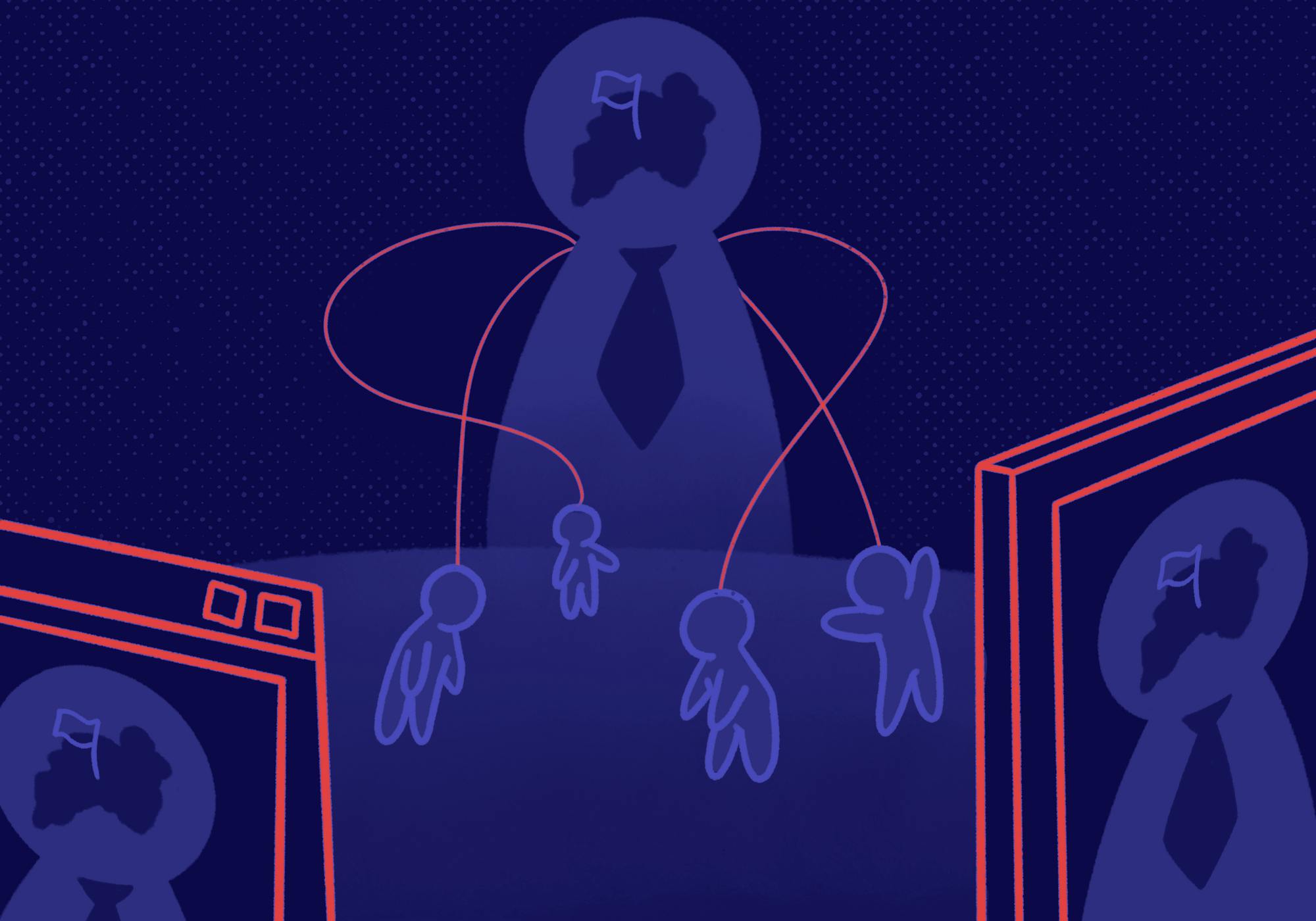 A shadowy figure in a suit controls several smaller puppet-like figures, connected by strings, with computer and phone screen capturing the figure with the tie on the sides.