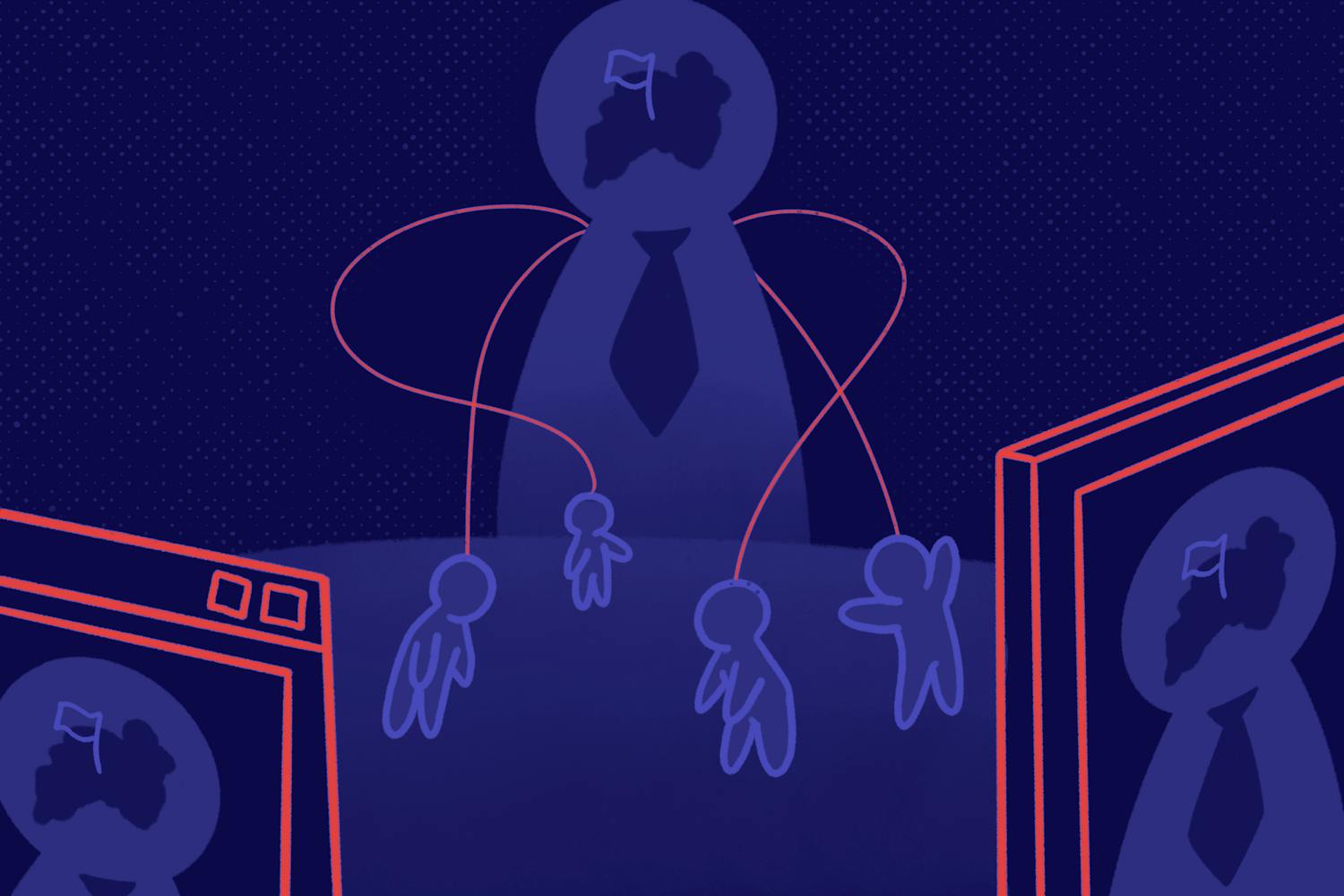 A shadowy figure in a suit controls several smaller puppet-like figures, connected by strings, with computer and phone screen capturing the figure with the tie on the sides.
