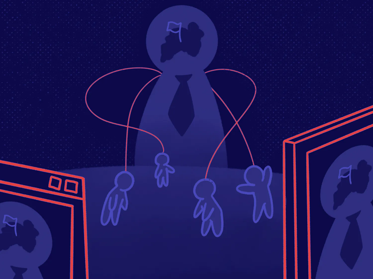 A shadowy figure in a suit controls several smaller puppet-like figures, connected by strings, with computer and phone screen capturing the figure with the tie on the sides.